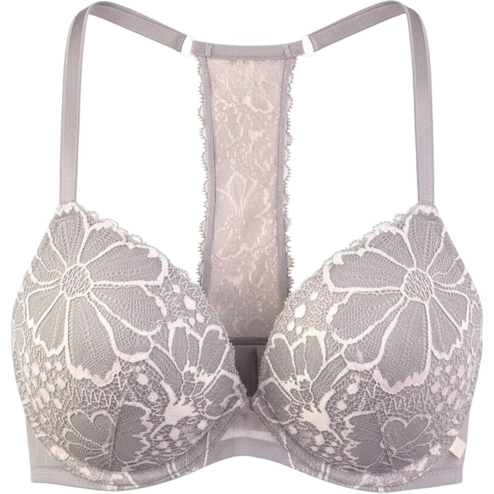 Victoria Secret Push Up Bra 32D Women Floral Embroidered Gray Pink Front Close